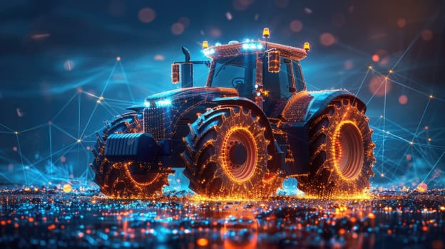 A digital illustration of a tractor made of blue and orange glowing lines on a dark blue background. AIG51A.