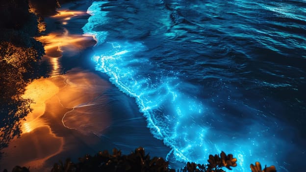 An electric blue wave crashing on a beach at night, creating a captivating natural landscape in the darkness with the mountain range in the background AIG50