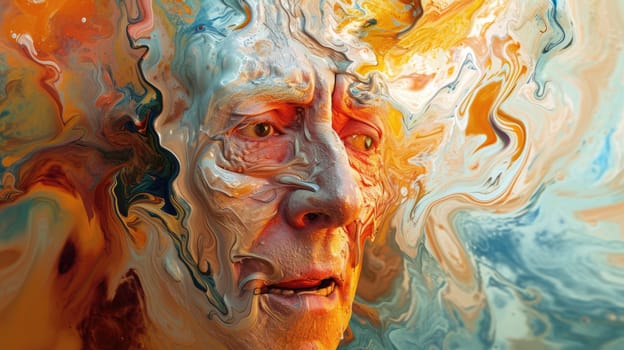 A portrait of realistic painting of middle aged man with wrinkled face and was painted with watercolor. An abstract image of old people face with paint brush. Modern impressionist art concept. AIG42.