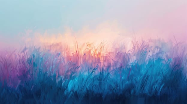 A hazy image of a lake surrounded by trees, with the sun reflecting in the water. The sky is a mix of tints and shades, creating a natural landscape with an electric blue hue AIG50