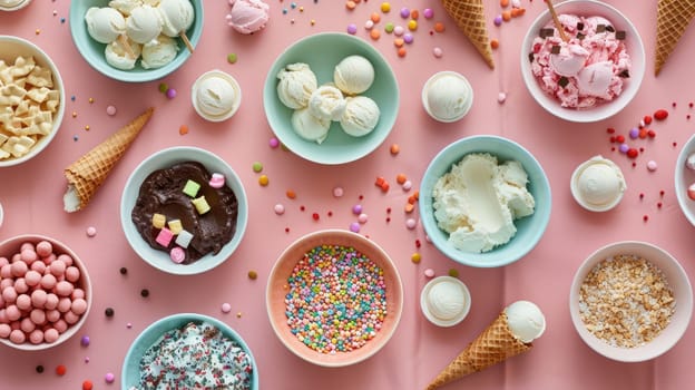 A pink table topped with bowls of candy and ice cream cones a delightful display of cuisine and recreation with magenta accents AIG50