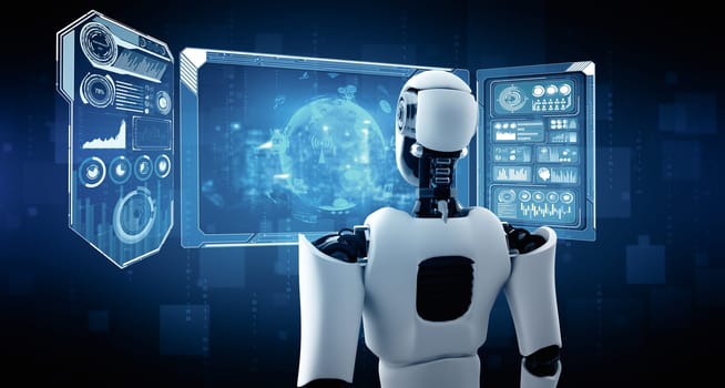 MLP 3d illustration Humanoid AI robot looking at hologram screen showing concept of big data analytic using artificial intelligence by machine learning process. 3D illustration.