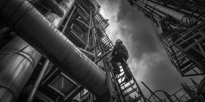 Low angle camera of smart industrial worker climbing at oil tank ladder. Skilled industrial engineer with helmet going up and preparing for repairing and fixing chemical machine at factory. AIG42.
