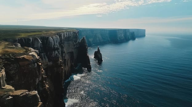 A stunning aerial view of a cliff by the ocean, where the fluid water meets the natural landscape, creating a picturesque and tranquil scene under the open sky AIG50