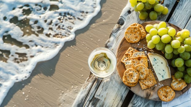 A wooden table displaying a delicious recipe with ingredients such as cheese, grapes, crackers, and a glass of wine. A natural foods dish showcasing the beauty of plantbased cuisine AIG50
