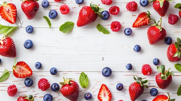 Fresh strawberries, raspberries, blueberries, and mint are beautifully displayed on a white wooden table. These vibrant natural foods are perfect ingredients for a berry cake recipe AIG50