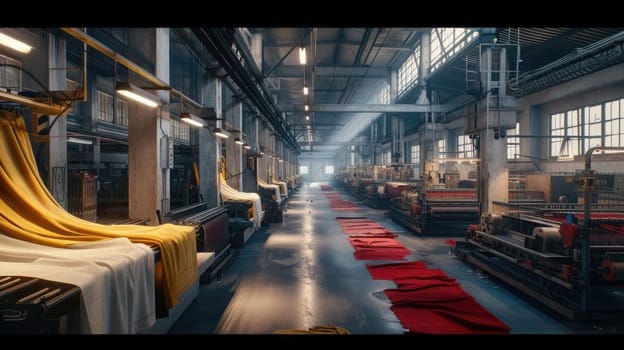 A photo of interior of woven factory with machine working while waving cloth. A machines stand sentinel, their mechanical arms reaching out with precision to manipulate threads and yarns. AIG42.