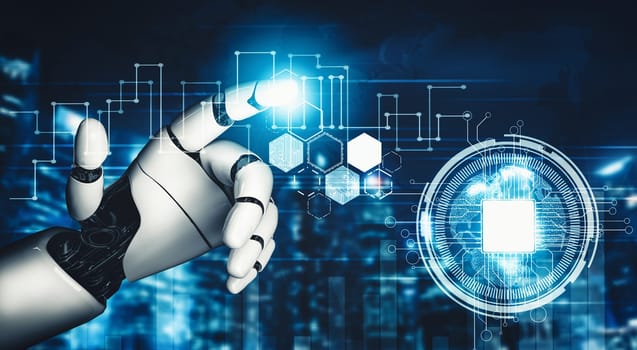 MLP 3D rendering futuristic droid robot technology development, artificial intelligence AI, and machine learning concept. Global robotic bionic science research for future of human life.