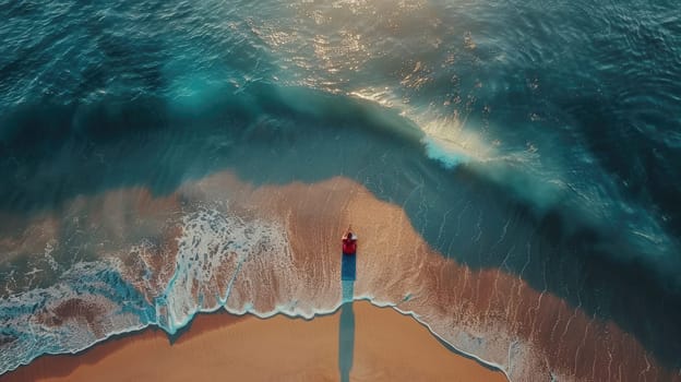 An aerial view of two individuals standing on the beach, overlooking the azure waters with surfboards in hand AIG50