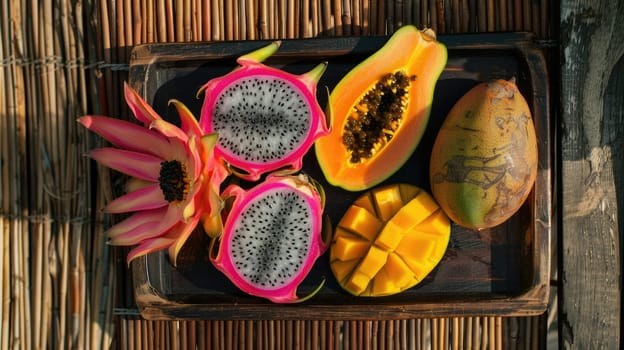 A bamboo mat serves as the tableware for a black plate adorned with mangoes and dragon fruit, creating a colorful and vibrant display of tropical ingredients AIG50