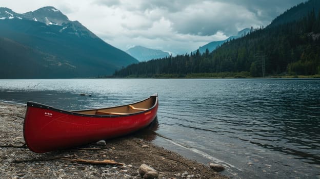 A red canoe is docked on the shore of a picturesque lake with majestic mountains towering in the background, surrounded by a serene natural landscape under a cloudy sky AIG50