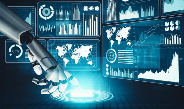 MLP 3D rendering futuristic droid robot technology development, artificial intelligence AI, and machine learning concept. Global robotic bionic science research for future of human life.