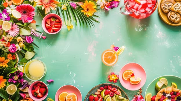 An intricate table setting with colorful dishware and drinks arranged in a circular pattern, resembling a painting of a vibrant aquatic organism AIG50
