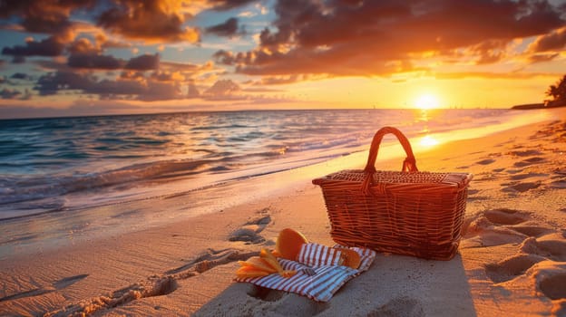 A picnic basket with food and wine on the beach at sunset, overlooking a calm body of water with boats in the distance and colorful clouds in the sky AIG50