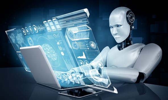 MLP 3d illustration Robot humanoid use laptop and sit at table for big data analytic using AI thinking brain , artificial intelligence and machine learning process for the 4th fourth industrial revolution. 3D rendering.