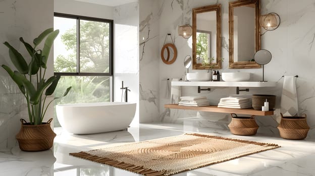 A building with a bathroom featuring a tub, sinks, mirrors, and a rug. The interior design includes cabinetry, wood accents, and a flowerpot with houseplants by the window