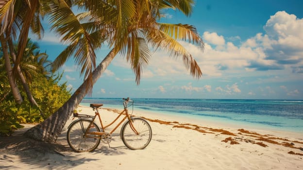 A bicycle with its tire against a palm tree on the beach, under a cloudy sky with water in the background, blending with nature AIG50