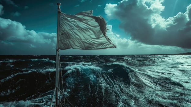 A vibrant red flag flutters under a cumulus cloud in the electric blue sky amidst the vast expanse of liquid water, signaling a warning to travelers of potential danger ahead AIG50