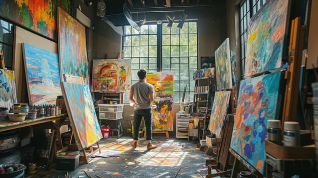 A painter stands back to ponder the progress of a vibrant abstract painting in a bright, art-filled studio. AIG41