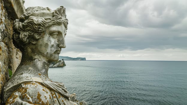 A sculpture of a woman on a rock, gazing out over the vast ocean in a serene natural landscape, with the sky and water blending seamlessly AIG50