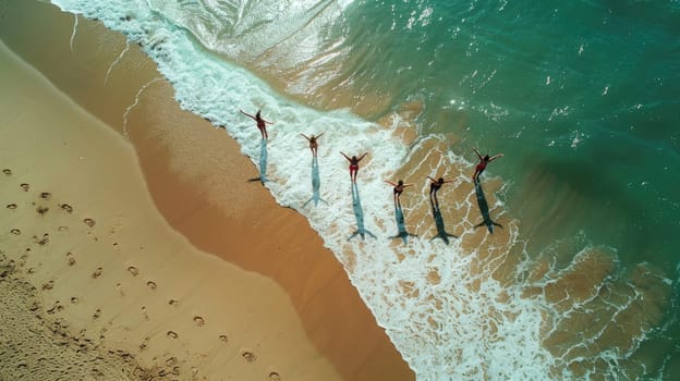 An aerial view of two individuals standing on the beach, overlooking the azure waters with surfboards in hand AIG50