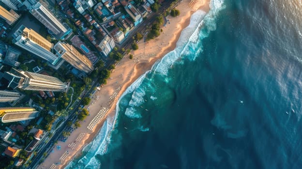 An aerial view of a city by the waterfront showcasing urban design, architectural buildings, and natural landscapes including condominiums, houses, and art installations AIG50