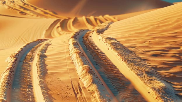 A natural landscape in the desert with tire tracks on a dirt road winding through the sand, framed by a clear blue sky and sparse plants AIG50