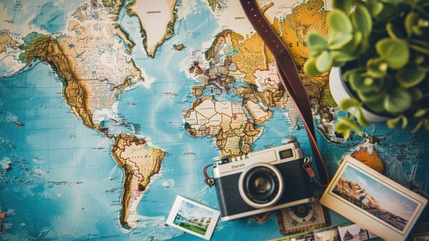 An intricate map of the world is elegantly displayed on a wooden table. The intricate patterns and font create a beautiful piece of art AIG50