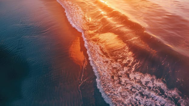 A stunning aerial view captures the azure water crashing onto the sandy beach at sunset, creating a mesmerizing natural landscape with the colorful sky and atmospheric phenomenon AIG50