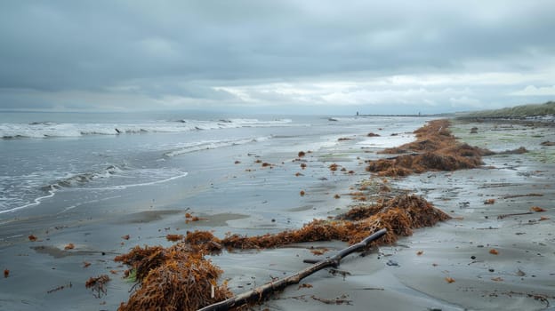 A natural landscape with a beach covered in driftwood, under a cloudy sky with cumulus clouds. The horizon is visible over the water, with trees scattered along the shore AIG50