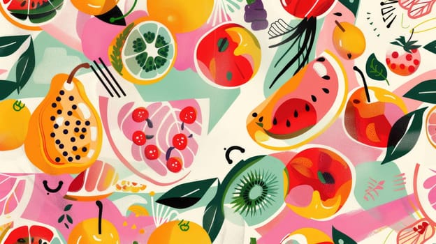 Product featuring a seamless pattern of fruits and berries, including oranges and citrus on a white background. Perfect for creative arts or incorporating into design projects AIG50
