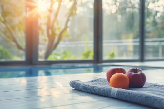 Lifestyle Wellness concept, a towel is on the ground next to two apples.