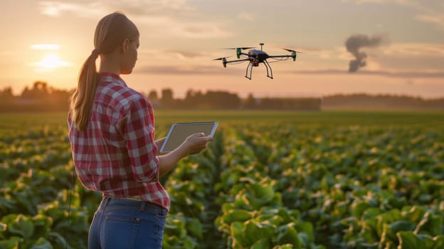 A woman is standing in a field with a drone flying above her.