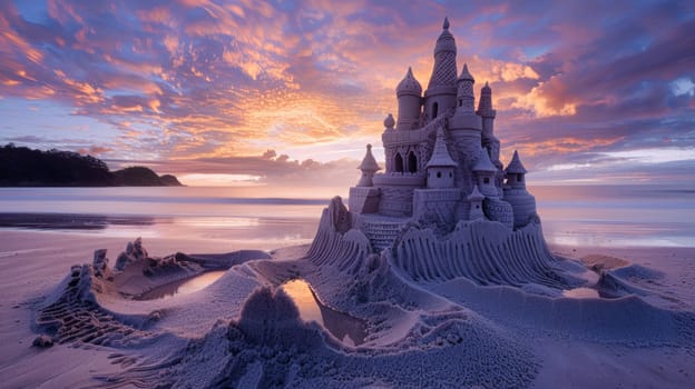 A magnificent sand castle stands tall on the beach, surrounded by the breathtaking natural landscape of the sunset sky, water, and plant life AIG50