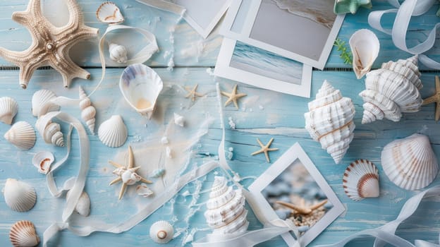 A circular wooden table adorned with aqua seashells and a picture of a beach scene. The combination of natural elements and coastal imagery creates a soothing and inviting atmosphere in the room AIG50