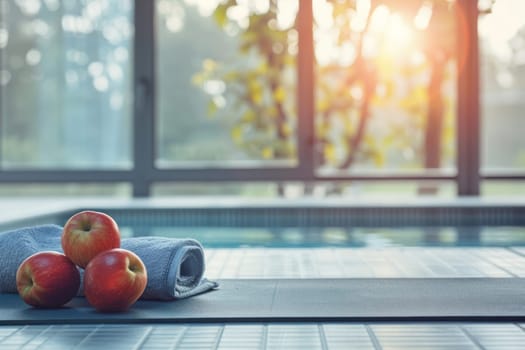 Lifestyle Wellness concept, a towel is on the ground next to two apples.