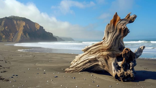 A majestic piece of driftwood rests on the sandy beach under the colorful sunset sky, creating a beautiful natural landscape art piece with the surrounding clouds, water, and trees AIG50