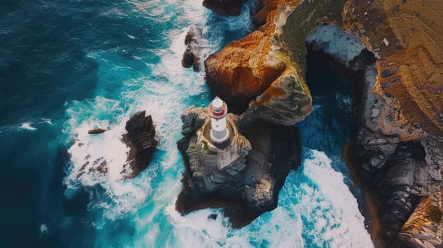 A breathtaking aerial view of a lighthouse standing on a rock surrounded by vast liquid water, showcasing the beauty of natural landscape and perfect for leisure and recreation AIG50