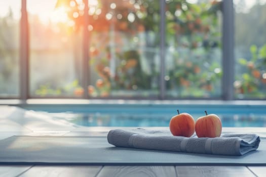 Lifestyle Wellness concept, a towel is on the ground next to two apples.