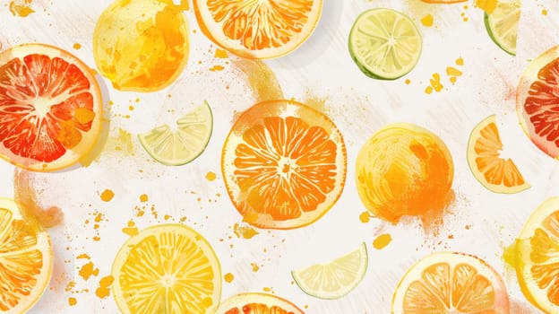 A seamless pattern featuring oranges, lemons, grapefruit, and Rangpur leaves on a white background. Perfect for kitchen tableware or citrusthemed products AIG50