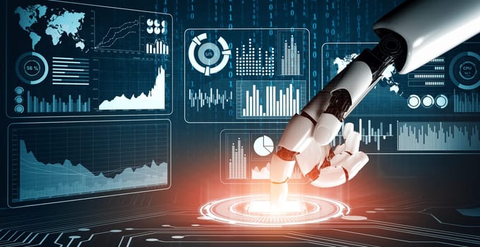 MLP 3D Rendering futuristic robot technology development, artificial intelligence AI, and machine learning concept. Global robotic bionic science research for future of human life.