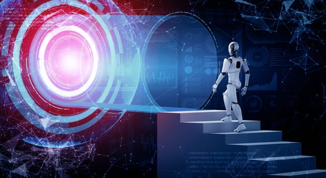 MLP 3d illustration robot humanoid walk up stair to success and goals achievement. Concept of AI thinking brain and machine learning process for the 4th fourth industrial revolution.