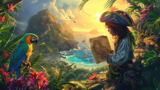 Smart child wearing pirate uniform while looking at treasure map at island. Skilled little explorer and parrot searching and finding treasure while holding map and exploring at forest island. AIG42.