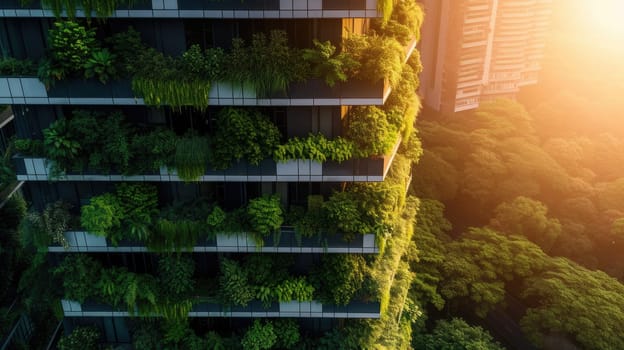 The building's facade is adorned with plants and trees, creating a lush landscape visible from above. AIG41