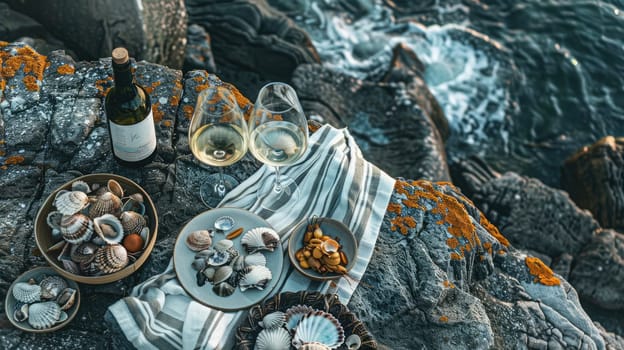 Aerial view of a picnic on a rocky cliff by the ocean, surrounded by water, plants, rocks, and natural materials creating a beautiful pattern resembling an underwater art piece AIG50