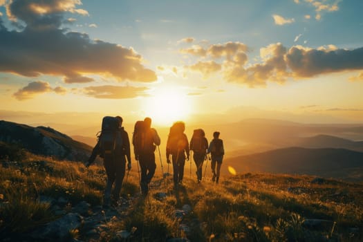 A group of people are walking through a field with backpacks.