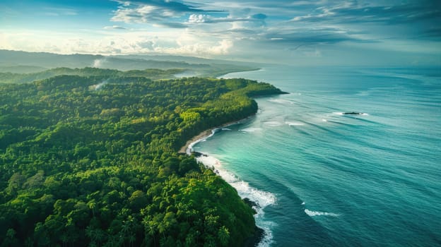 A breathtaking aerial view of a cliff above the ocean with stunning natural landscape, water merging with the sky, and terrestrial plants lining the beach AIG50