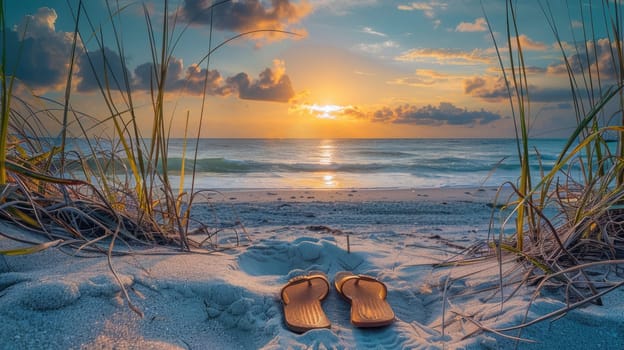 A pair of flip flops rests in the sand on a beach at sunset, with water gently lapping nearby and clouds painting the sky in hues of orange and pink AIG50