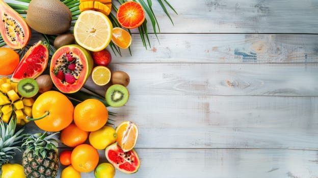 A diverse selection of tropical fruits and leaves displayed on a wooden table, perfect ingredients for creating exotic cuisine dishes and natural food recipes AIG50