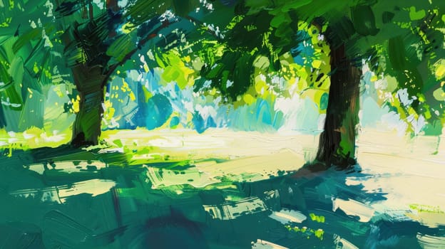 A beautiful painting depicting the sun shining through the trees in a park, illuminating the grass and creating a stunning natural landscape AIG50